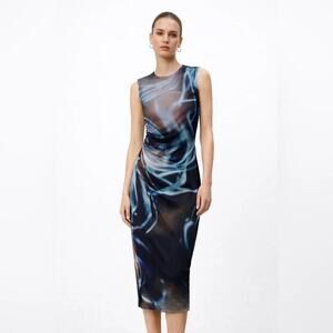 Commense Abstract Marble Mesh Dress L | Ruched Avant Garde Y2K Midi Bodycon